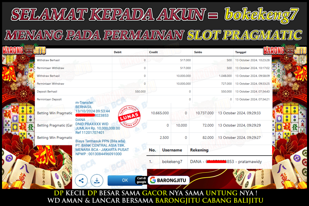 BUKTI KEMENANGAN MEMBER BARONGJITU TGL 14/10/2024